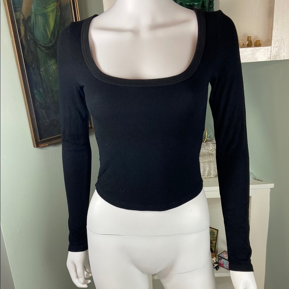 Garage Black Long Sleeve Ribbed Scoop Neck Top Shirt Blouse Long Sleeve Small S